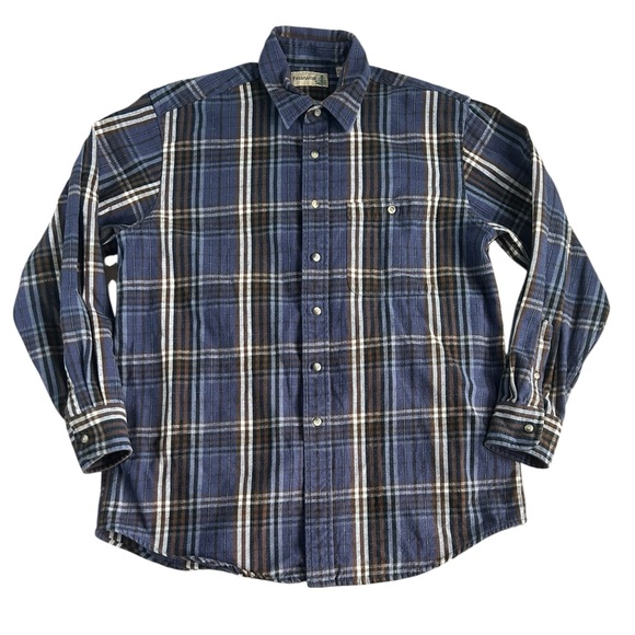 Vintage 90s Sears Fieldmaster‎ Heavy Cotton Flannel Shirt Navy Brown Plaid Large - Picture 1 of 6